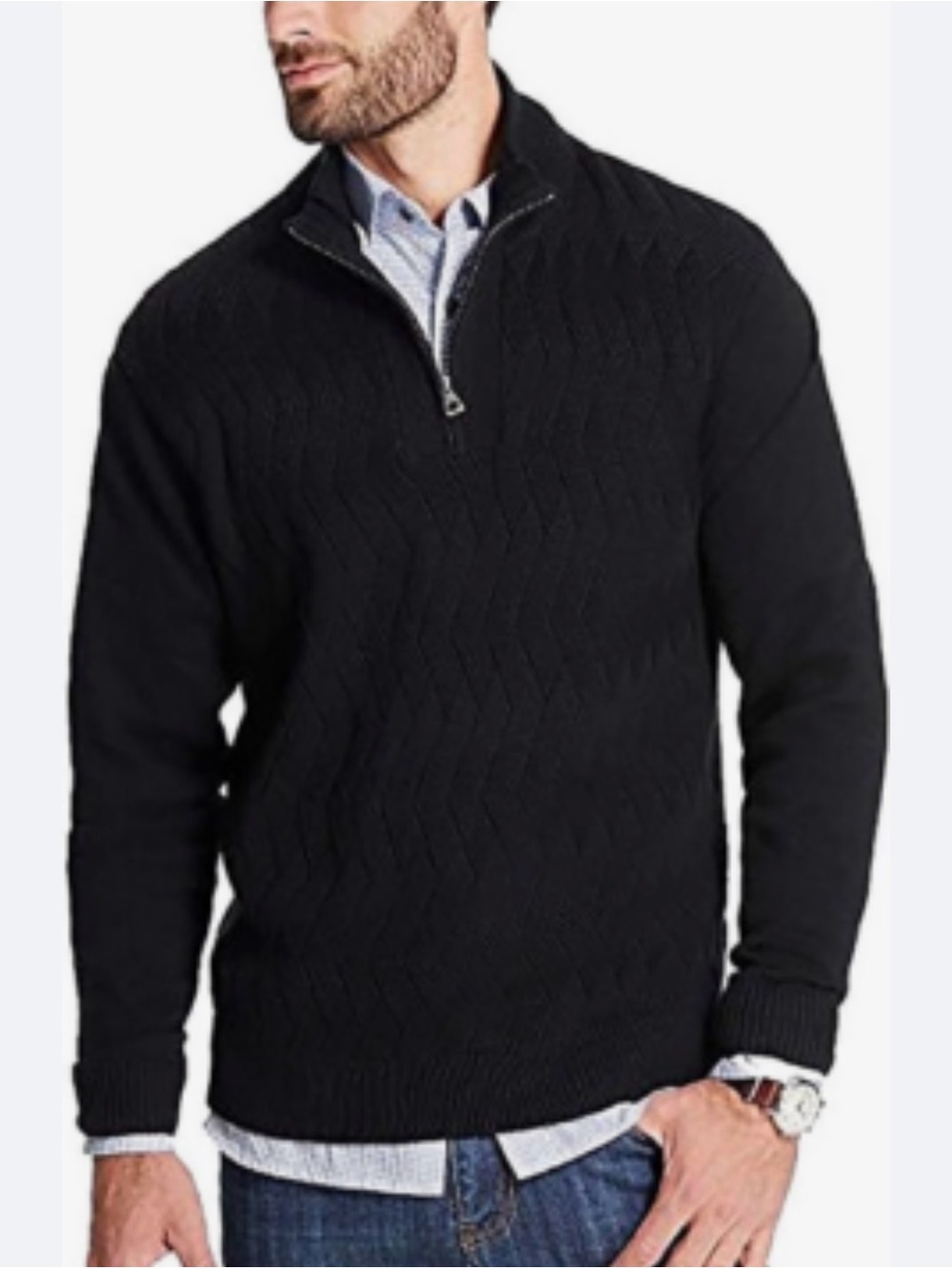 Men XXL Black Weatherproof Vintage 1/4 Zip Mock Neck Textured Cable Knit Sweater